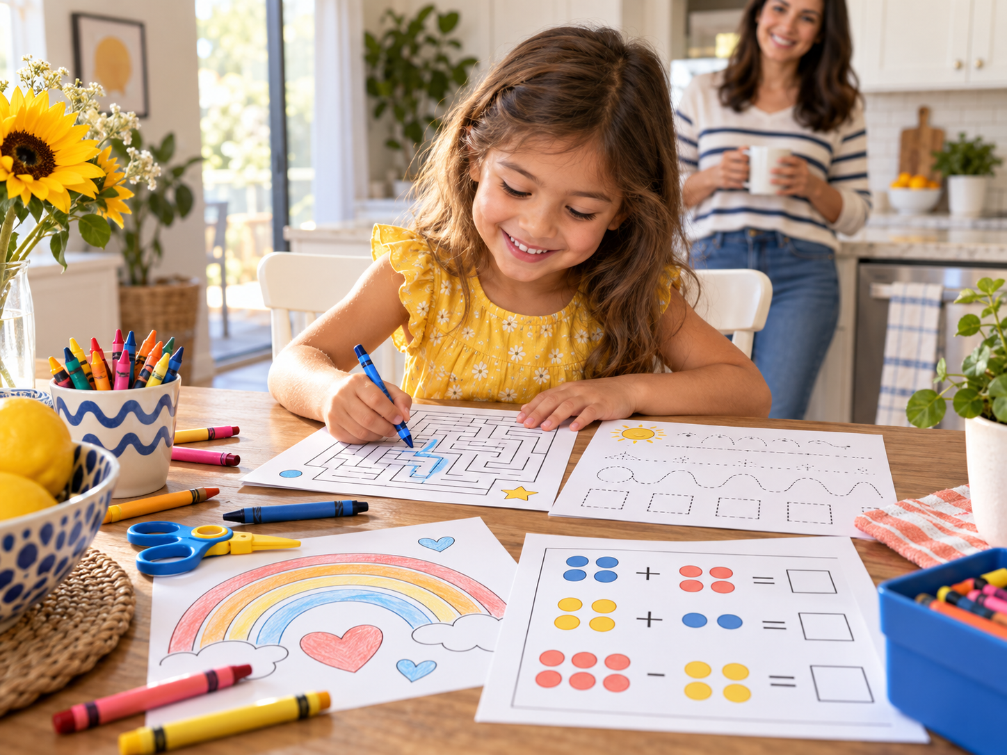 Child happily completing printable maze and learning activities at a kitchen table